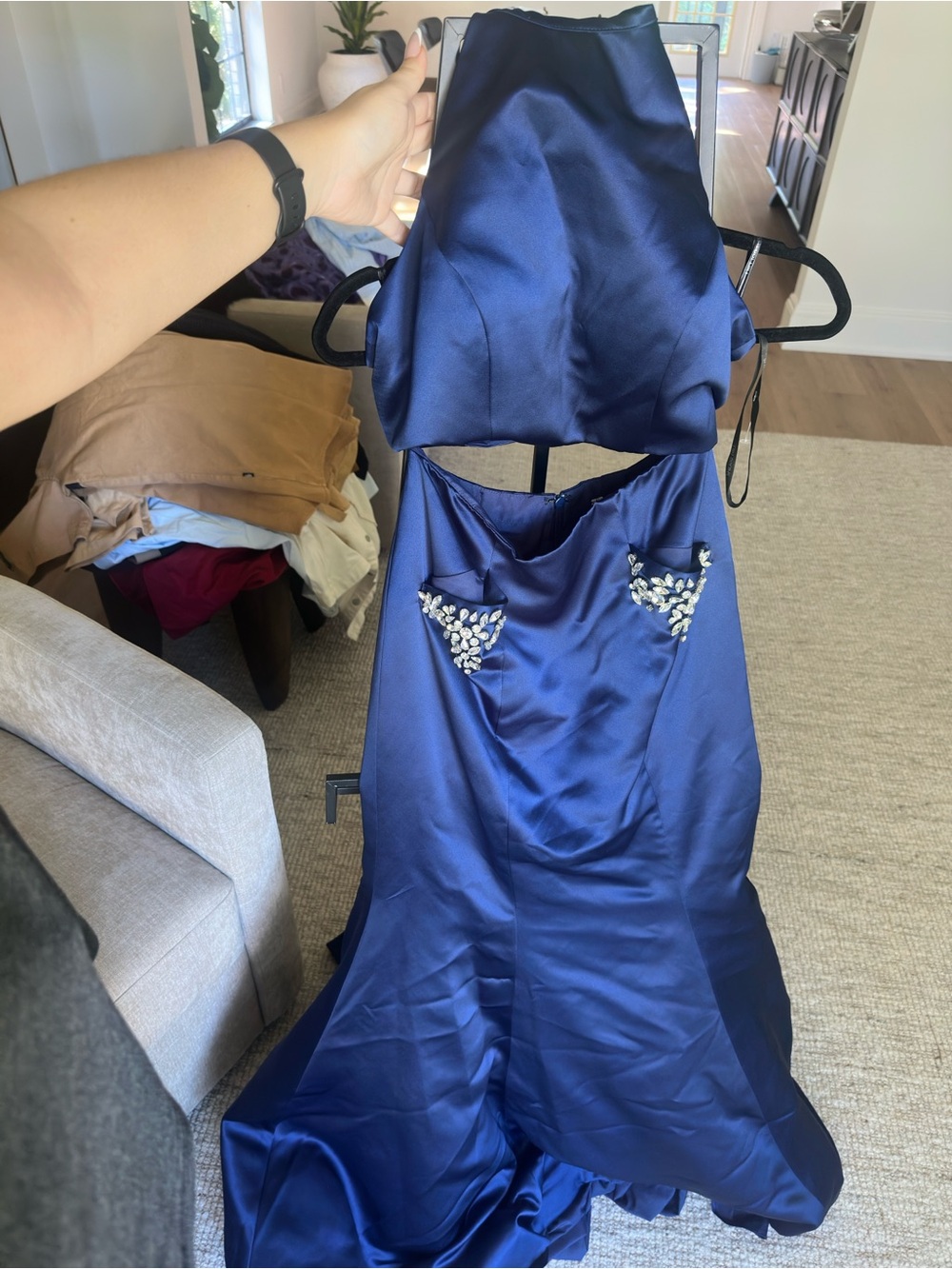 Sherri Hill Navy Satin Prom Gown with Crystal Accents